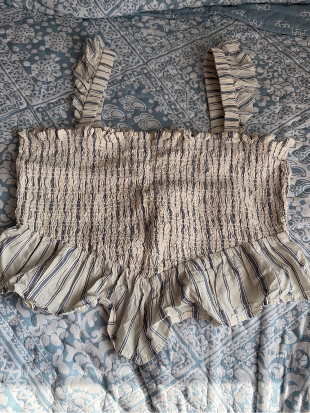 American Eagle Outfitters Cream & Navy Striped Smocked Ruffle Crop Top